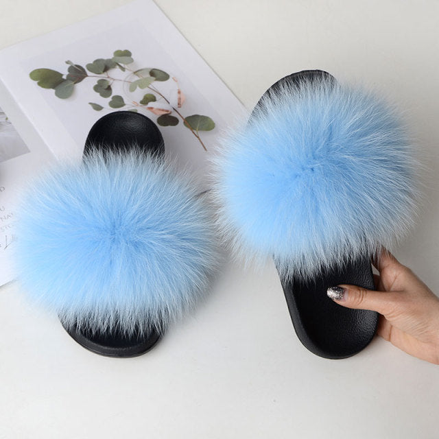 Women Summer Casual Fluffy Slippers With Fur Flat Non-Slip Real Fox Fur Furry Slides Large Size Shoes Fur Sandals