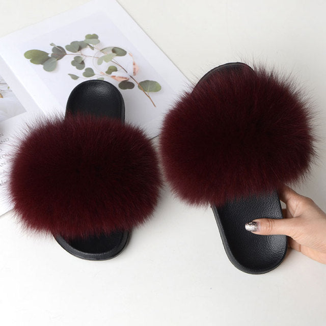 Women Summer Casual Fluffy Slippers With Fur Flat Non-Slip Real Fox Fur Furry Slides Large Size Shoes Fur Sandals