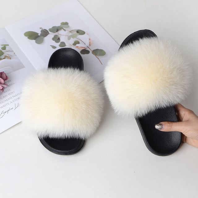 Women Summer Casual Fluffy Slippers With Fur Flat Non-Slip Real Fox Fur Furry Slides Large Size Shoes Fur Sandals