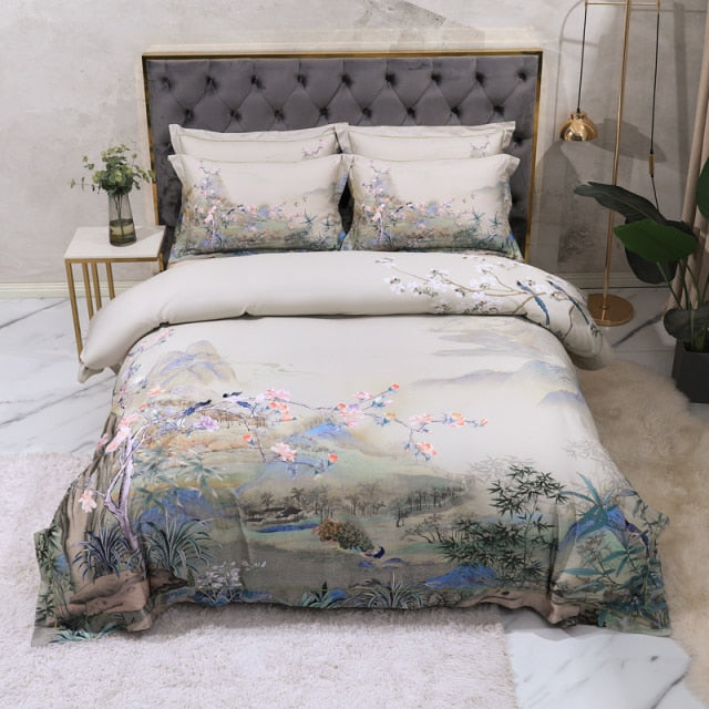 Egyptian Cotton Bedding Queen King size 4Pcs Birds and Flowers Leaf Gray Shabby Duvet Cover Bed sheet Pillow shams