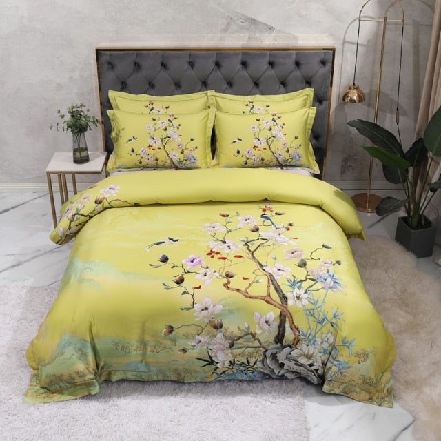 Egyptian Cotton  4Pcs Birds and Flowers Leaf Gray Shabby Duvet Cover Bed sheet Pillow shams