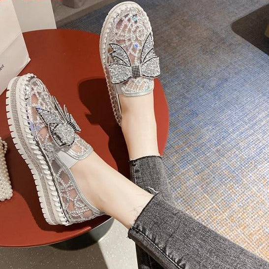 Crystals Round Toe Leather Flats Shoes Women Silver Bling Loafers Couple Platform Shoes Woman Flat With Students Size 43