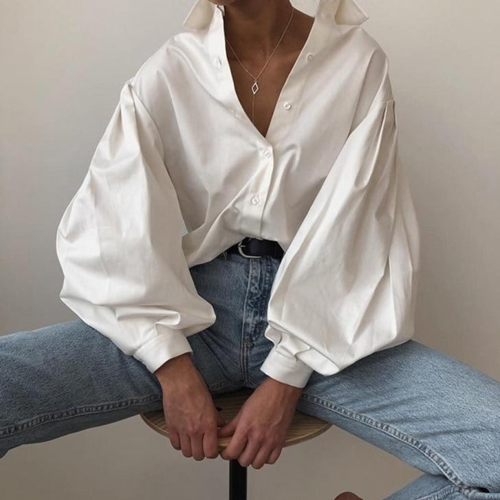 Lantern Sleeve Elegant Shirt Blouse White Black Sexy Button Vintage Turn Down Collar Office Ladies Shirt Female Casual-Dollar Bargains Online Shopping Australia
