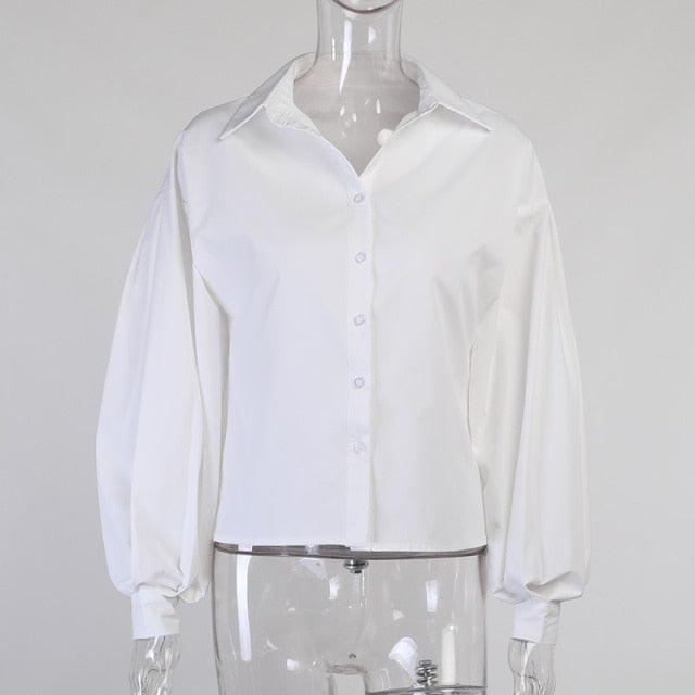 Lantern Sleeve Elegant Shirt Blouse White Black Sexy Button Vintage Turn Down Collar Office Ladies Shirt Female Casual-Dollar Bargains Online Shopping Australia