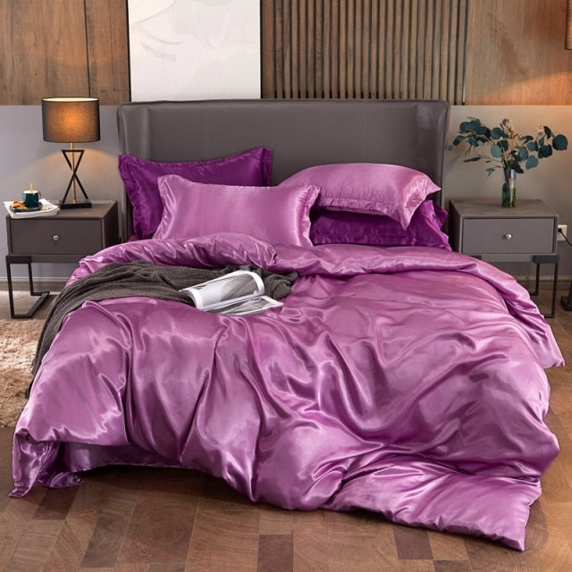 Bedding Set Solid Color Luxury Bedding Kit Rayon Satin Duvet Cover Set
