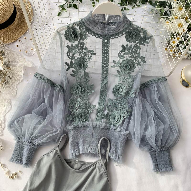 Women Tops Sheer Lace Blouse Lantern Sleeve 3D Floral Blouses Shirts Elegant Top-Dollar Bargains Online Shopping Australia