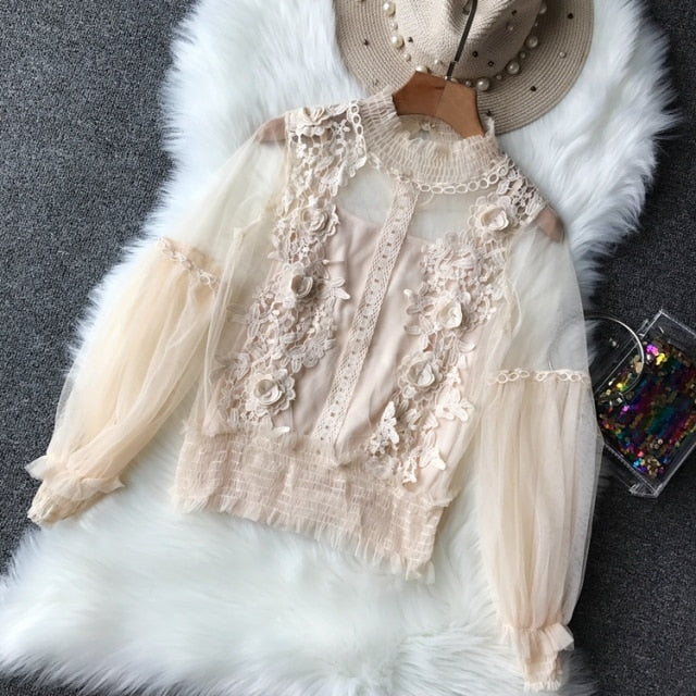 Women Tops Sheer Lace Blouse Lantern Sleeve 3D Floral Blouses Shirts Elegant Top-Dollar Bargains Online Shopping Australia