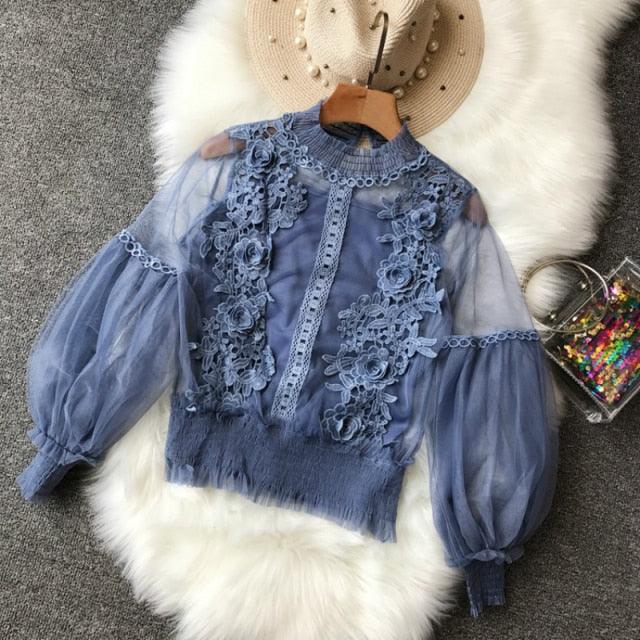 Women Tops Sheer Lace Blouse Lantern Sleeve 3D Floral Blouses Shirts Elegant Top-Dollar Bargains Online Shopping Australia