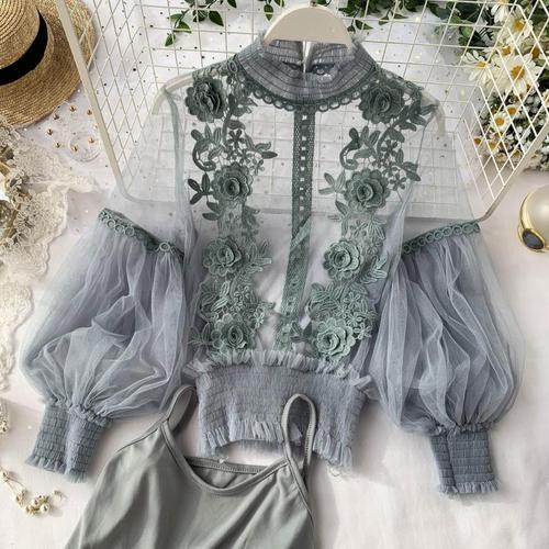 Women Tops Sheer Lace Blouse Lantern Sleeve 3D Floral Blouses Shirts Elegant Top-Dollar Bargains Online Shopping Australia