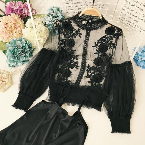 Women Tops Sheer Lace Blouse Lantern Sleeve 3D Floral Blouses Shirts Elegant Top-Dollar Bargains Online Shopping Australia