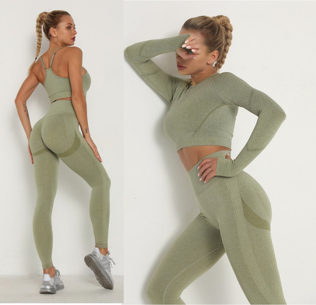 Seamless Women Sport Set For Gym Long Sleeve Top High Waist Belly Control Leggings Clothes Seamless Sport Suit Sexy Booty Girls-Dollar Bargains Online Shopping Australia