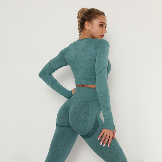 Seamless Women Sport Set For Gym Long Sleeve Top High Waist Belly Control Leggings Clothes Seamless Sport Suit Sexy Booty Girls-Dollar Bargains Online Shopping Australia