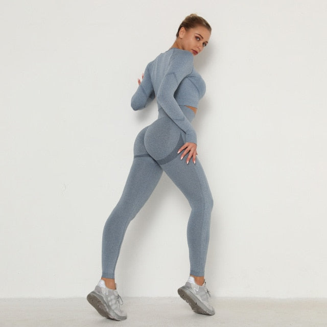 Seamless Women Sport Set For Gym Long Sleeve Top High Waist Belly Control Leggings Clothes Seamless Sport Suit Sexy Booty Girls-Dollar Bargains Online Shopping Australia