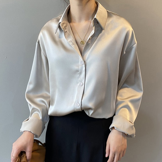 Autumn Fashion Button Up Satin Silk Shirt Vintage Blouse Women White Lady Long Sleeves Female Loose Street Shirts 11355-Dollar Bargains Online Shopping Australia