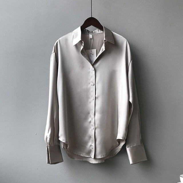 Autumn Fashion Button Up Satin Silk Shirt Vintage Blouse Women White Lady Long Sleeves Female Loose Street Shirts 11355-Dollar Bargains Online Shopping Australia