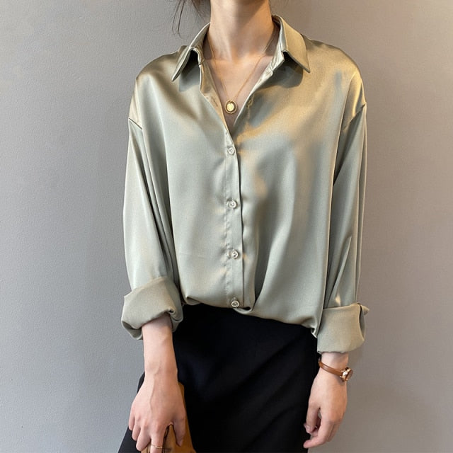 Autumn Fashion Button Up Satin Silk Shirt Vintage Blouse Women White Lady Long Sleeves Female Loose Street Shirts 11355-Dollar Bargains Online Shopping Australia