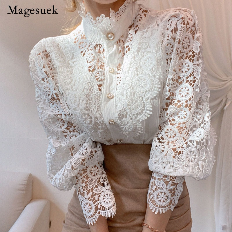Petal Sleeve Stand Collar Hollow Out Flower Lace Patchwork Shirt Femme Blusas All-match Women Blouse Chic Button White Top 12419-Dollar Bargains Online Shopping Australia