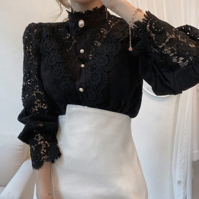 Petal Sleeve Stand Collar Hollow Out Flower Lace Patchwork Shirt Femme Blusas All-match Women Blouse Chic Button White Top 12419-Dollar Bargains Online Shopping Australia