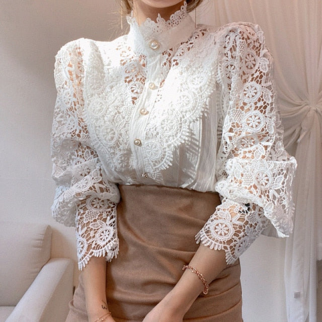 Petal Sleeve Stand Collar Hollow Out Flower Lace Patchwork Shirt Femme Blusas All-match Women Blouse Chic Button White Top 12419-Dollar Bargains Online Shopping Australia