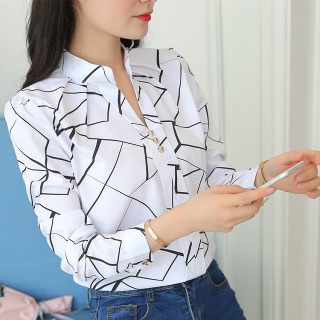 Plus Size Women White Tops and Blouses Fashion Stripe Print Casual Long Sleeve Office Lady Work Shirts Female Slim Blusas-Dollar Bargains Online Shopping Australia