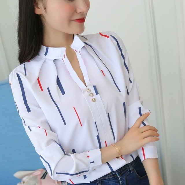 Plus Size Women White Tops and Blouses Fashion Stripe Print Casual Long Sleeve Office Lady Work Shirts Female Slim Blusas-Dollar Bargains Online Shopping Australia