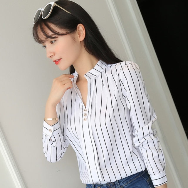Plus Size Women White Tops and Blouses Fashion Stripe Print Casual Long Sleeve Office Lady Work Shirts Female Slim Blusas-Dollar Bargains Online Shopping Australia