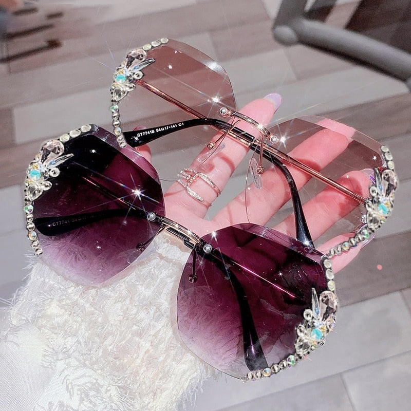 Rimless Rhinestone Sunglasses Women Men Fashion Gradient Lens Sun Glasses Shades for Female