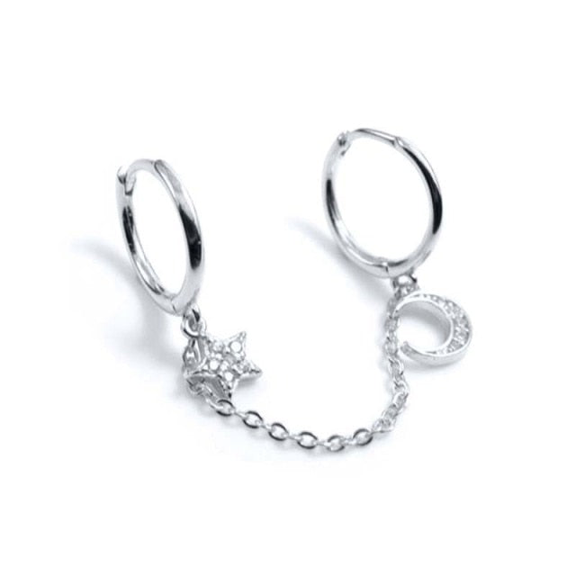 925 Sterling Silver Double Hole Link Chain Circle Hoop Earrings Zircon Moon Star Lightning Pendant Huggie Piercing Earring-Dollar Bargains Online Shopping Australia