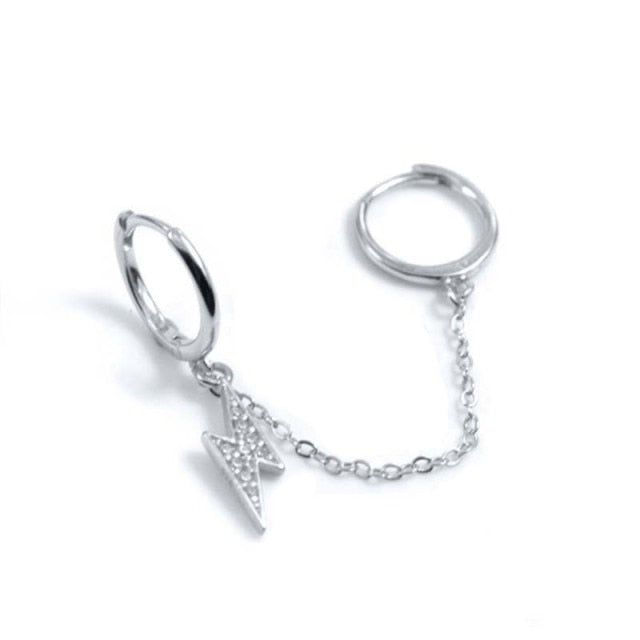 925 Sterling Silver Double Hole Link Chain Circle Hoop Earrings Zircon Moon Star Lightning Pendant Huggie Piercing Earring-Dollar Bargains Online Shopping Australia