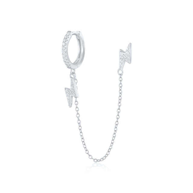 925 Sterling Silver Double Hole Link Chain Circle Hoop Earrings Zircon Moon Star Lightning Pendant Huggie Piercing Earring-Dollar Bargains Online Shopping Australia
