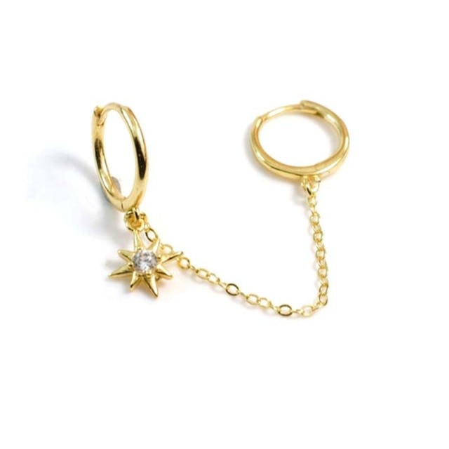 925 Sterling Silver Double Hole Link Chain Circle Hoop Earrings Zircon Moon Star Lightning Pendant Huggie Piercing Earring-Dollar Bargains Online Shopping Australia