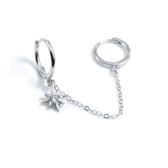 925 Sterling Silver Double Hole Link Chain Circle Hoop Earrings Zircon Moon Star Lightning Pendant Huggie Piercing Earring-Dollar Bargains Online Shopping Australia