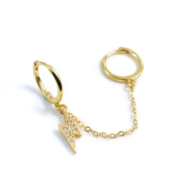 925 Sterling Silver Double Hole Link Chain Circle Hoop Earrings Zircon Moon Star Lightning Pendant Huggie Piercing Earring-Dollar Bargains Online Shopping Australia