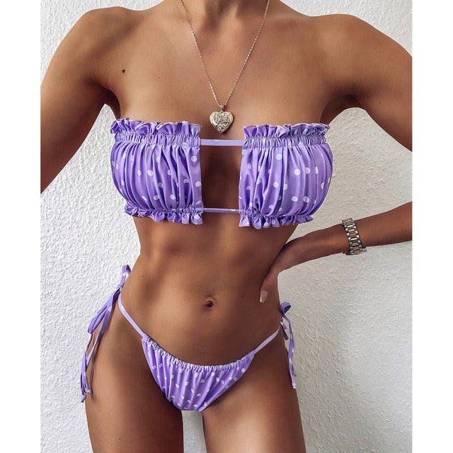 Sexy Bikini Pleated Bandeau Swimsuit Female Swimwear Women Mini Thong Bikini Set Bather Swimming Beachwear for Bathing Suit