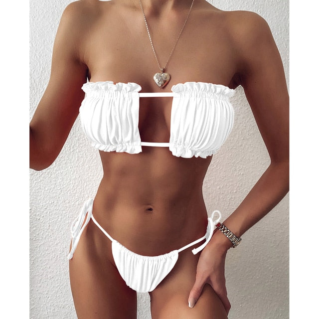 Sexy Bikini Pleated Bandeau Swimsuit Female Swimwear Women Mini Thong Bikini Set Bather Swimming Beachwear for Bathing Suit