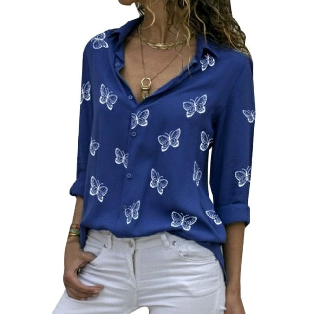 Butterfly Print Blouse Shirt Long Sleeve V Neck Ladies Buttons Tops Loose Blouses