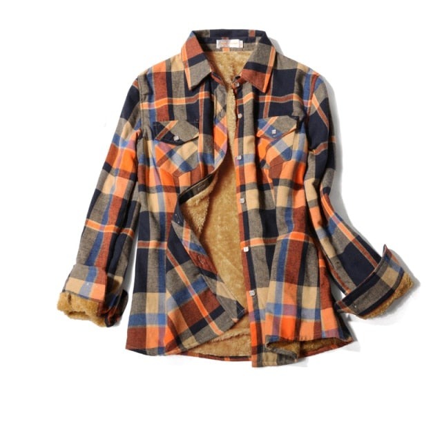 Velvet Thick Warm Plaid Shirt Female Long Sleeve Tops Winter Fleece Casual Check Blouse
