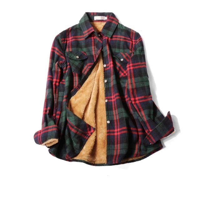 Velvet Thick Warm Plaid Shirt Female Long Sleeve Tops Winter Fleece Casual Check Blouse