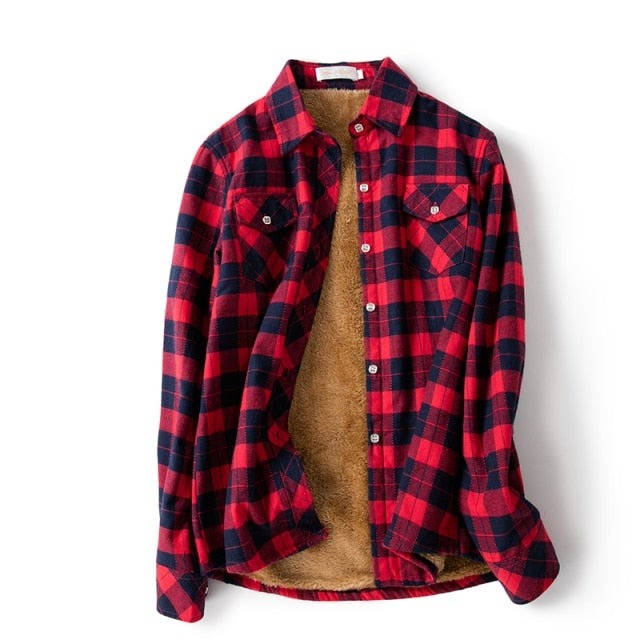 Velvet Thick Warm Plaid Shirt Female Long Sleeve Tops Winter Fleece Casual Check Blouse