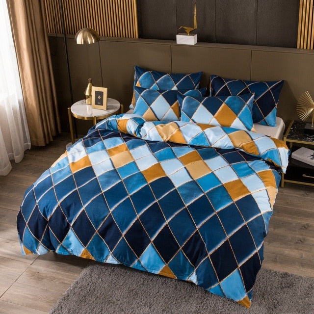 Nordic Geometric Plaid Gilt Duvet Cover Set Bedding Sets Pillowcase Double Queen Quilt Covers (No Bed Sheet)