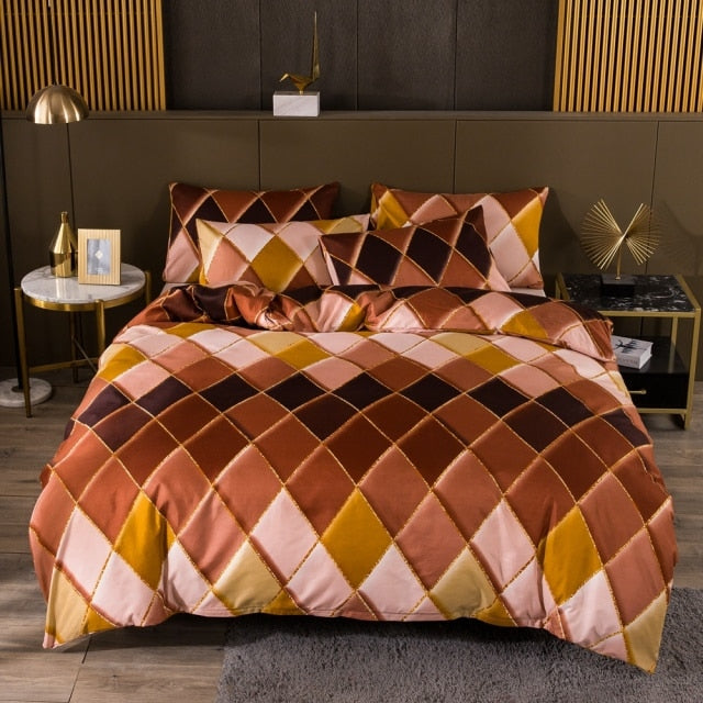 Nordic Geometric Plaid Gilt Duvet Cover Set Bedding Sets Pillowcase Double Queen Quilt Covers (No Bed Sheet)