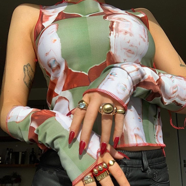 Gothic Print Mesh T-shirt Women Long Sleeve Slim Fit Cropped Top Aesthetic Summer Tee Streetwear 90s Vintage Punk Style Tee