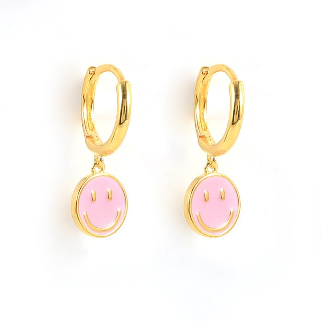 925 Sterling Silver Funny Smile Face Pendant Hoop Earrings For Women Colored Enamel Smiley Charm Circle Earrings Jewelry-Dollar Bargains Online Shopping Australia