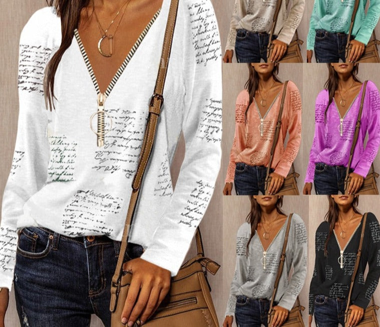Ladies Zipper V-Neck English Printing Long-sleeved Casual Loose Top T-Shirt Women Clothing