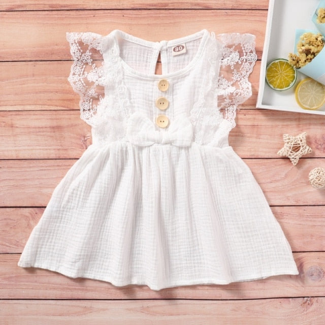 Summer Newborn Baby Girl Cotton Linen Sleeveless Dress Fashion  Lace-edged Casual Sundress Bow Dress Clothes