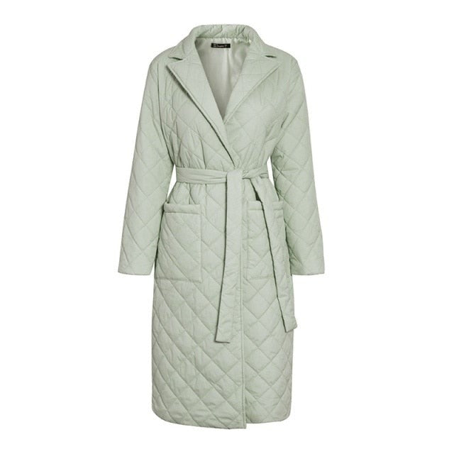 Long straight winter coat with rhombus pattern Casual sashes women parkas Deep pockets tailored collar stylish outerwear