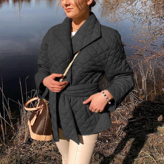 Long straight winter coat with rhombus pattern Casual sashes women parkas Deep pockets tailored collar stylish outerwear