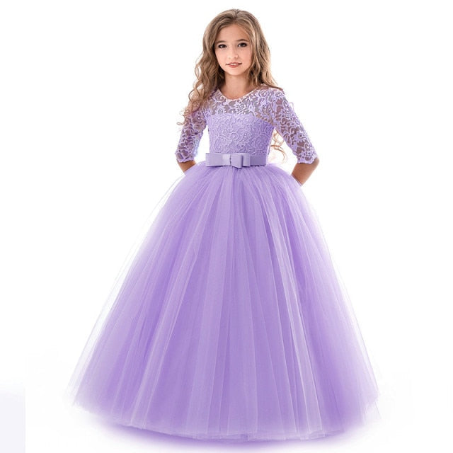 Princess Lace Dress Kids Flower Embroidery Dress For Girls Vintage Children Dresses For Wedding Party Formal Ball Gown 14T