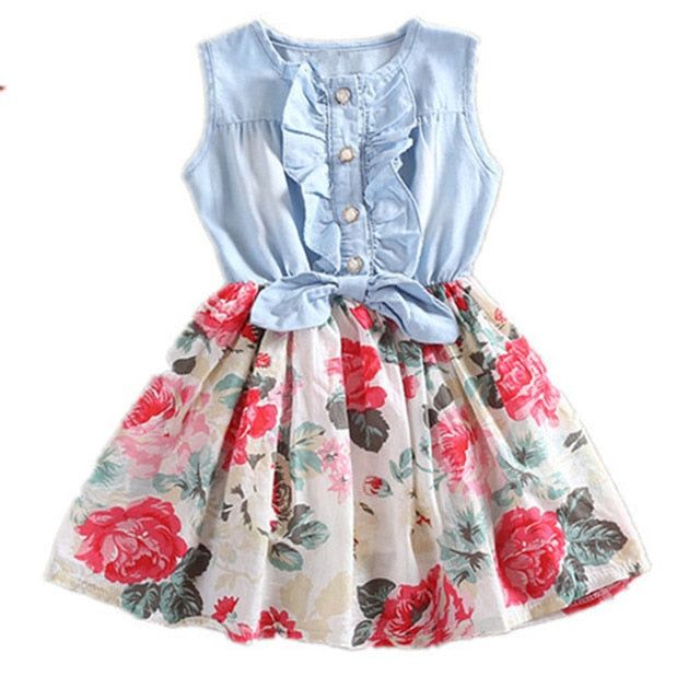 Girls Denim Floral Dress Summer Party Dress with Belt Children Flying Short Sleeve Casual Clothing Baby Girl Kids Fashion Outfit