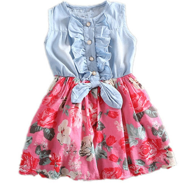 Girls Denim Floral Dress Summer Party Dress with Belt Children Flying Short Sleeve Casual Clothing Baby Girl Kids Fashion Outfit